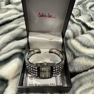 Cookie Lee Silver Crystal Pavé Bangle Watch